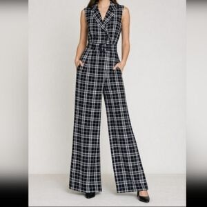 Retro 60s Mod Plaid Wide-Leg Jumpsuit Criss-Cross Sleeveless Medium